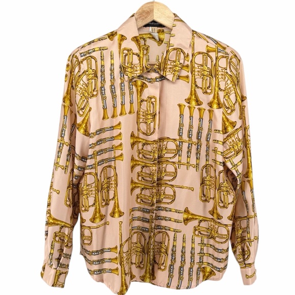 Vtg Louis Feraud Cream Gold Musical Pattern Button Up 100% Silk Blouse Women 10 - Picture 2 of 13